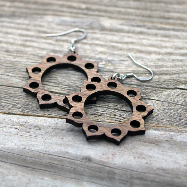 Lightweight Wooden Mandala Earrings/Wood Earrings/Mandala from Wood/Hypoallergenic/American Black Walnut