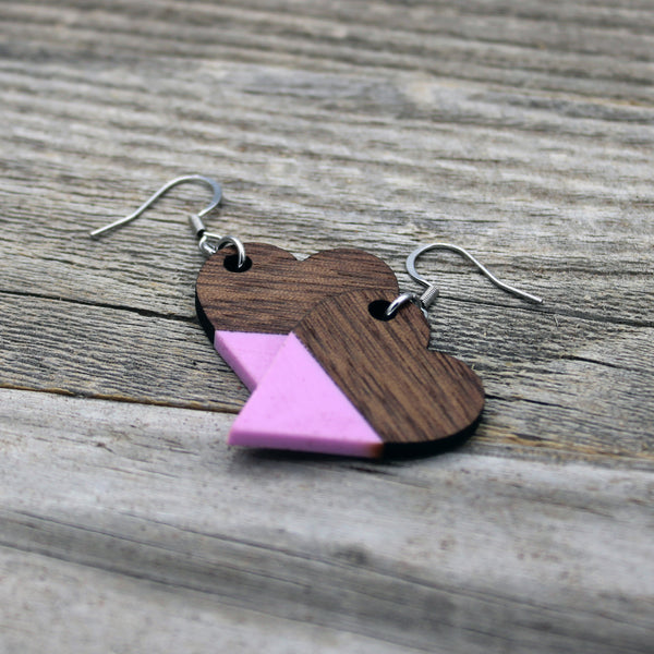 Wooden Heart Earrings with Pink Pastel Accent/Colorful Earrings/Spring Earrings/Bridesmaid Earrings/Lightweight Earrings