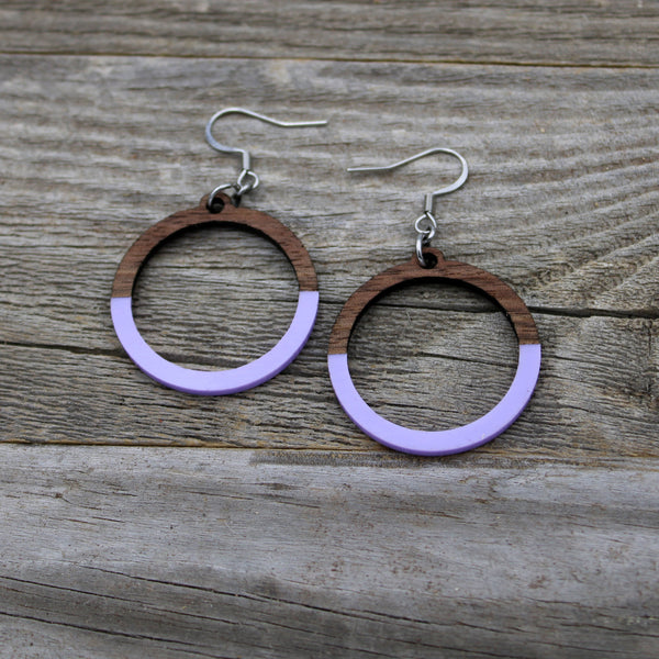 Wooden Hoop Earrings with Purple Pastel Accent/Colorful Earrings/Spring Earrings/Bridesmaid Earrings/Lightweight Earrings