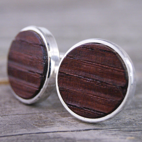 Wine Barrel Oak Wood Cufflinks in Silver Bezel - Great for Wine Lovers!