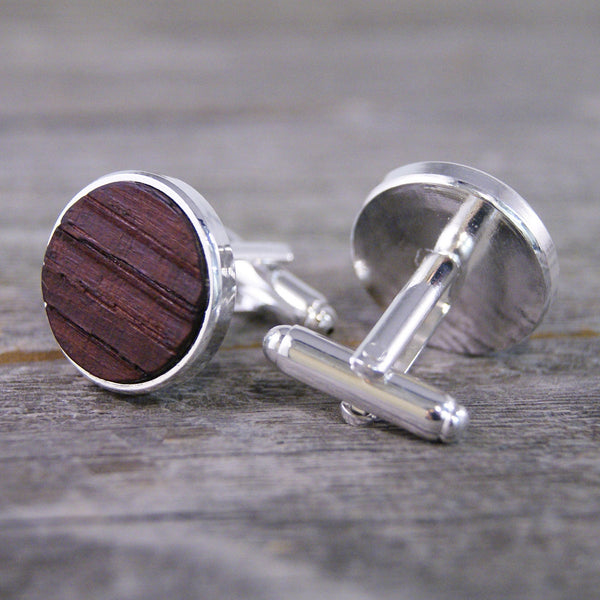 Wine Barrel Oak Wood Cufflinks in Silver Bezel - Great for Wine Lovers!