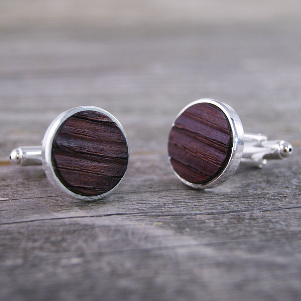 Wine Barrel Oak Wood Cufflinks in Silver Bezel - Great for Wine Lovers!