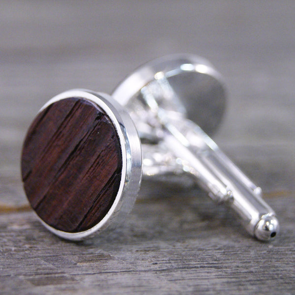 Wine Barrel Oak Wood Cufflinks in Silver Bezel - Great for Wine Lovers!